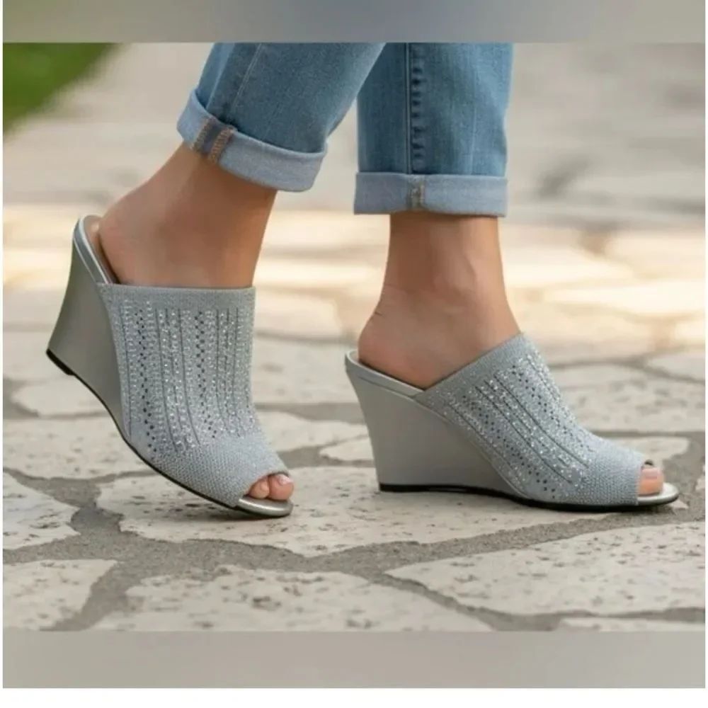 MARTHA PEEP TOE WEDGE HIGH HEEL WITH RHINESTONES BY LAUREN LORRAINE SILVER